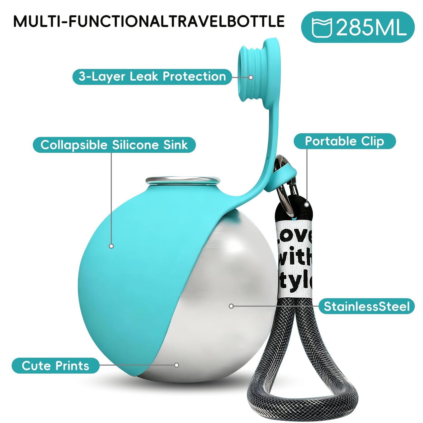 2in1 Portable Dog Water Bottle Portable,10oz Stainless Steel Leak Proof Pet Water Bottle Portable Dog Water Bottle Silicone Bowl,Outdoor Travel Water Bottle for Dogs Walking Hiking Camping, Blue