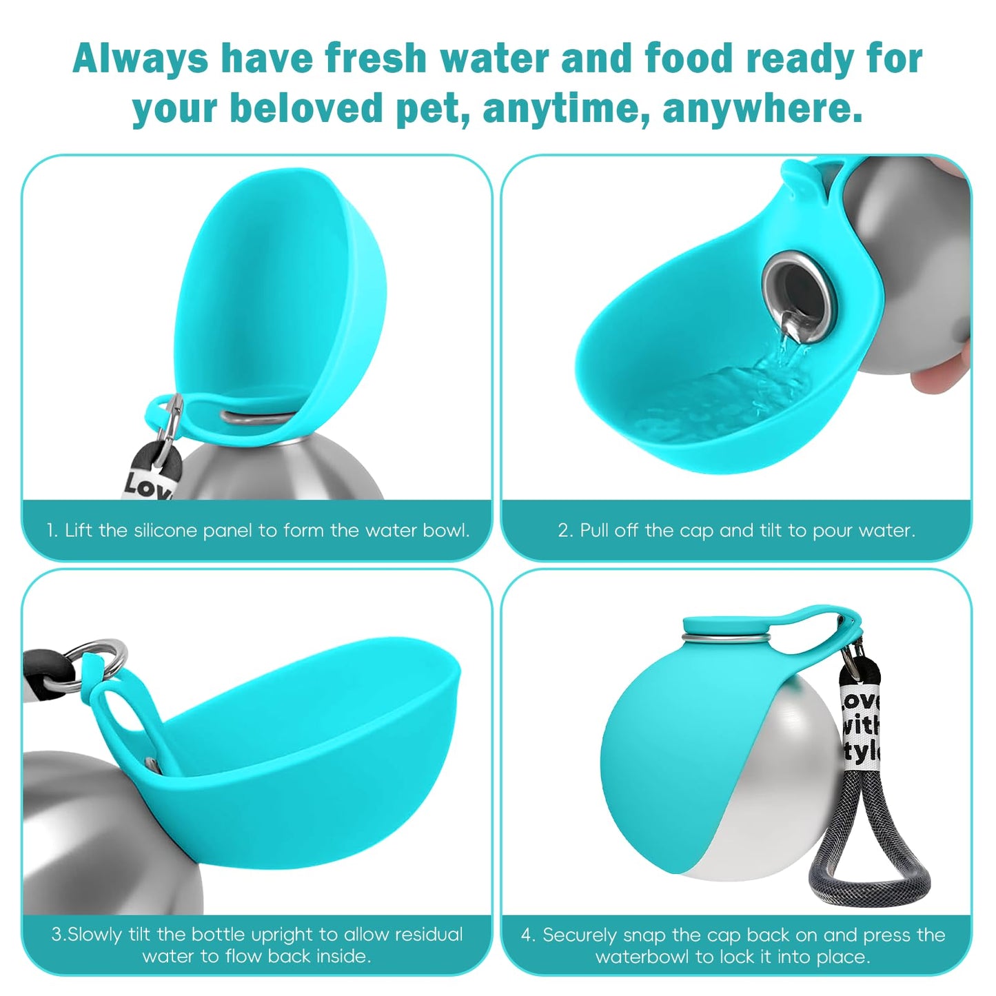 2in1 Portable Dog Water Bottle Portable,10oz Stainless Steel Leak Proof Pet Water Bottle Portable Dog Water Bottle Silicone Bowl,Outdoor Travel Water Bottle for Dogs Walking Hiking Camping, Blue
