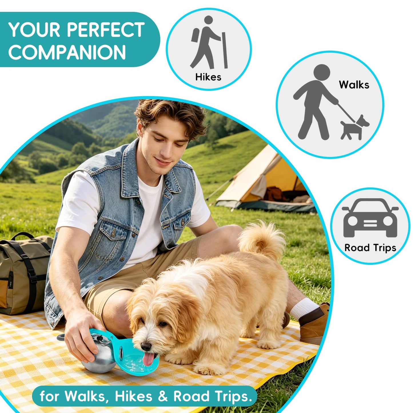 2in1 Portable Dog Water Bottle Portable,10oz Stainless Steel Leak Proof Pet Water Bottle Portable Dog Water Bottle Silicone Bowl,Outdoor Travel Water Bottle for Dogs Walking Hiking Camping, Blue